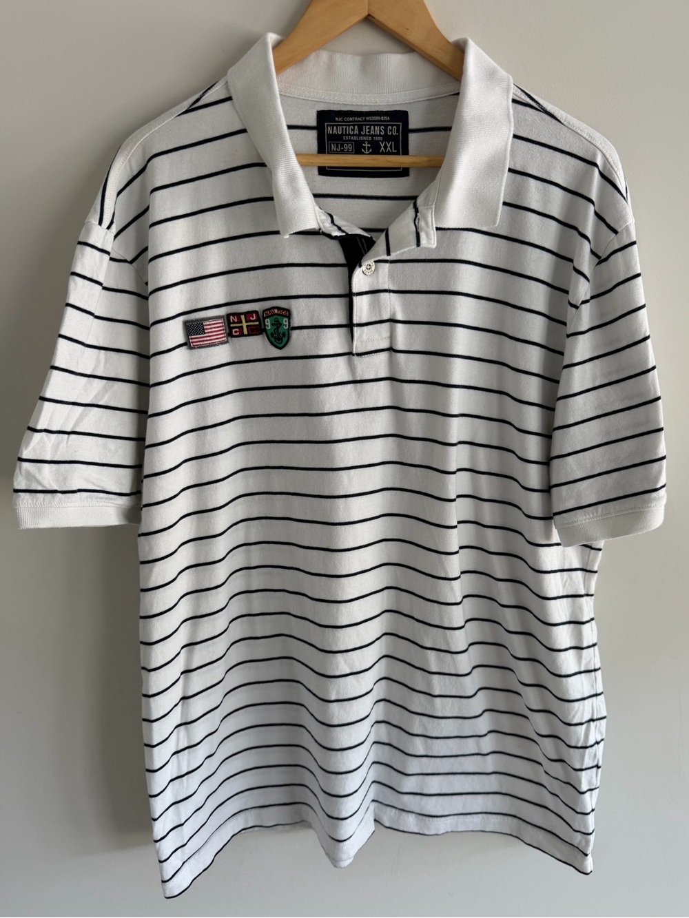 Nautica Jeans Co Mens XXL White Navy Striped Polo Shirt Patch Logo NJC